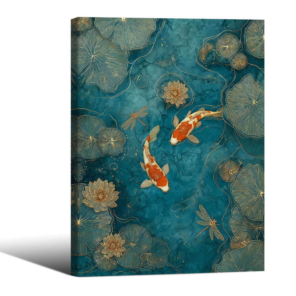 Japanese Koi Fish Zen Framed Canvas Wall Art Traditional Oriental Asian Prints 8x10 inch Elegant Emerald Green Pond Koi Fish Posters for Office Home Bedroom Meditation Yoga Spa Room Decor (Wrapped Canvas / Japanese Posters / 10"L x 8"W)