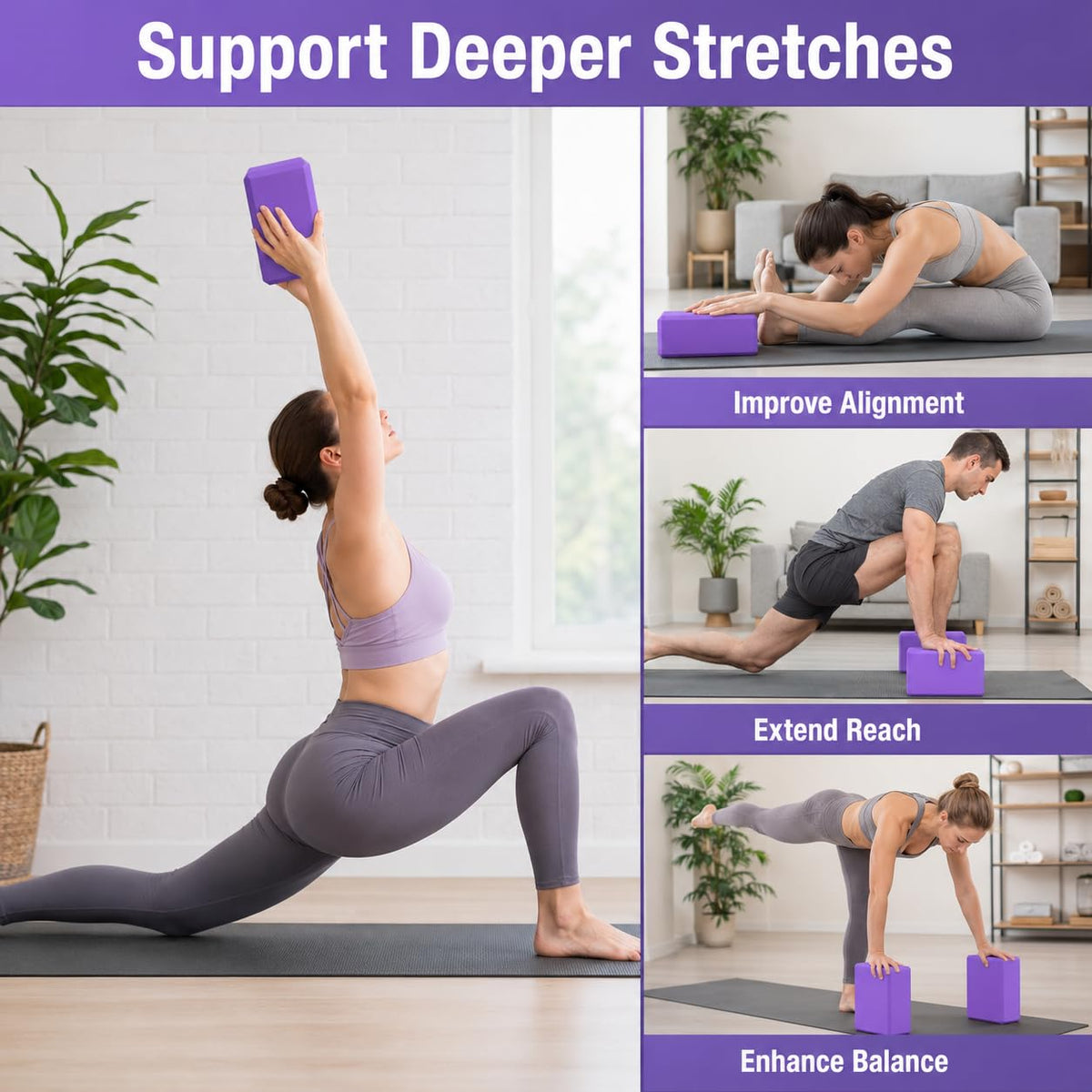 Yoga Blocks 2 Pack EVA Foam Gym Bricks Pilates Stretch Purple (Purple / 9 x 6 x 3 inch)