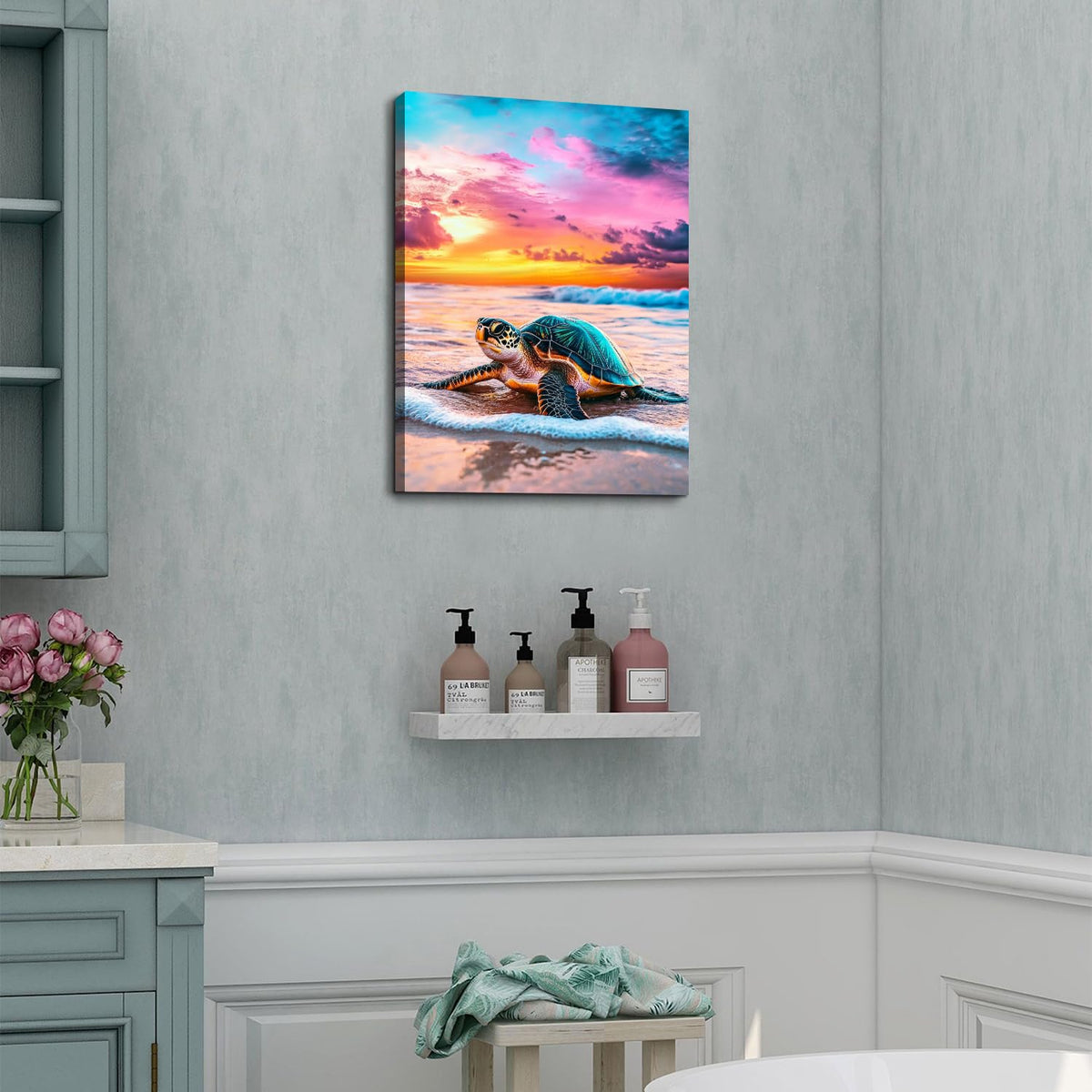 Sea Turtle Wall Art for Bathroom Sunset Ocean Beach Landscape Picture Nature Coastal Wall Decor Seascape Canvas Prints Painting Poster Nautical Artwork for Living Room Home Decorations 12x16 (12"L x 16"W / Seaturtle)