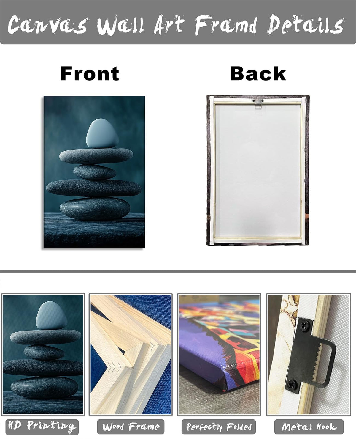 Zen Wall Art Balanced Rock Picture Spa Stone Painting Meditation Canvas Prints Spiritual Room Bathroom Living Room Office Wall Decor Framed (30"L x 20"W / L - Spa Stones)