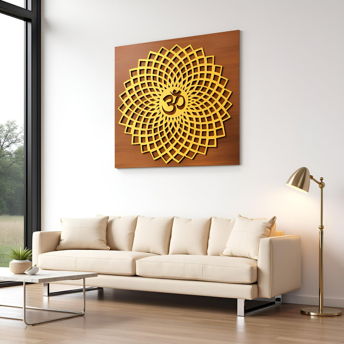 Golden Om Round Decorative Wall Art Mdf Wooden Om Chakra For Temple (GEOMETRY OM-Gold / 10"L x 10"W)