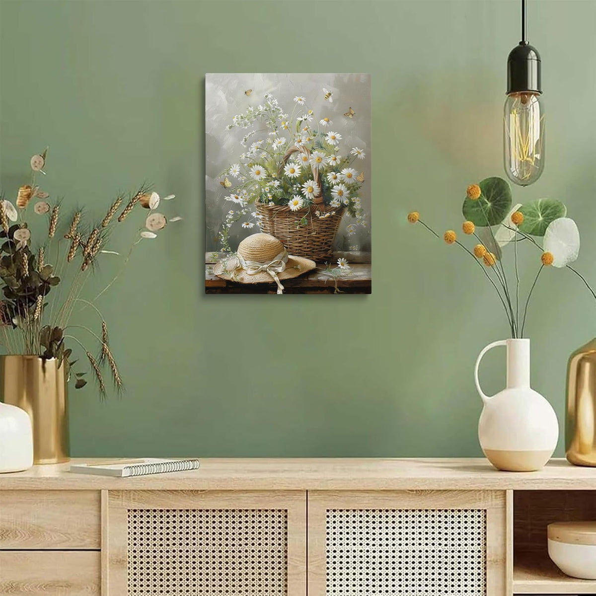 Framed Farmhouse Vintage Daisy Floral Canvas Wall Art (Flower01 / 12"L x 16"W)