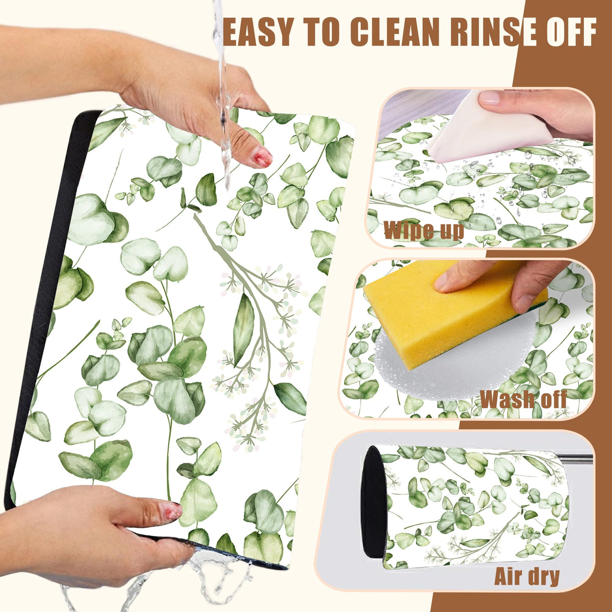 Eucalyptus Leaves Dish Drying Mat for Kitchen Counter Coffee Mat Hide Stain Absorbent Rubber Backed Drying Rack Pad Espresso Machine Coffee Bar Accessories 15.7 x 23.6 Inch (15.7" x 23.6")