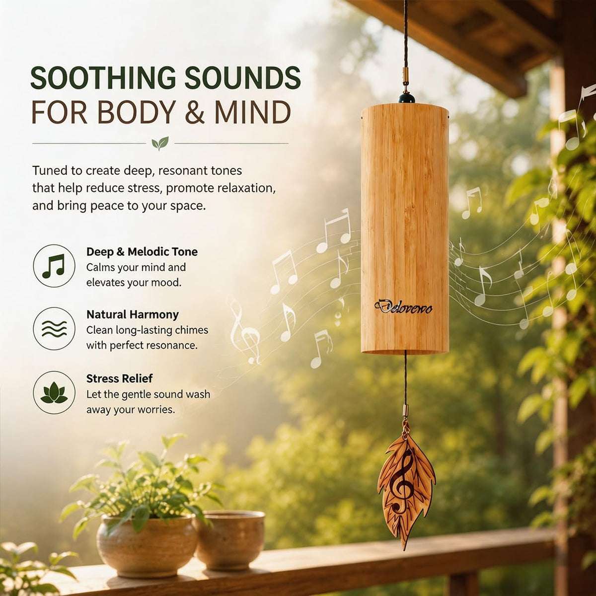 Wind Chimes for Outside Natural Bamboo Windchimes Unique Rain Chime Sound Healing Instruments Gifts for Mom Indoor Outdoor Zen Decorations for Patio Porch Garden and Backyard (Fm-Chord)
