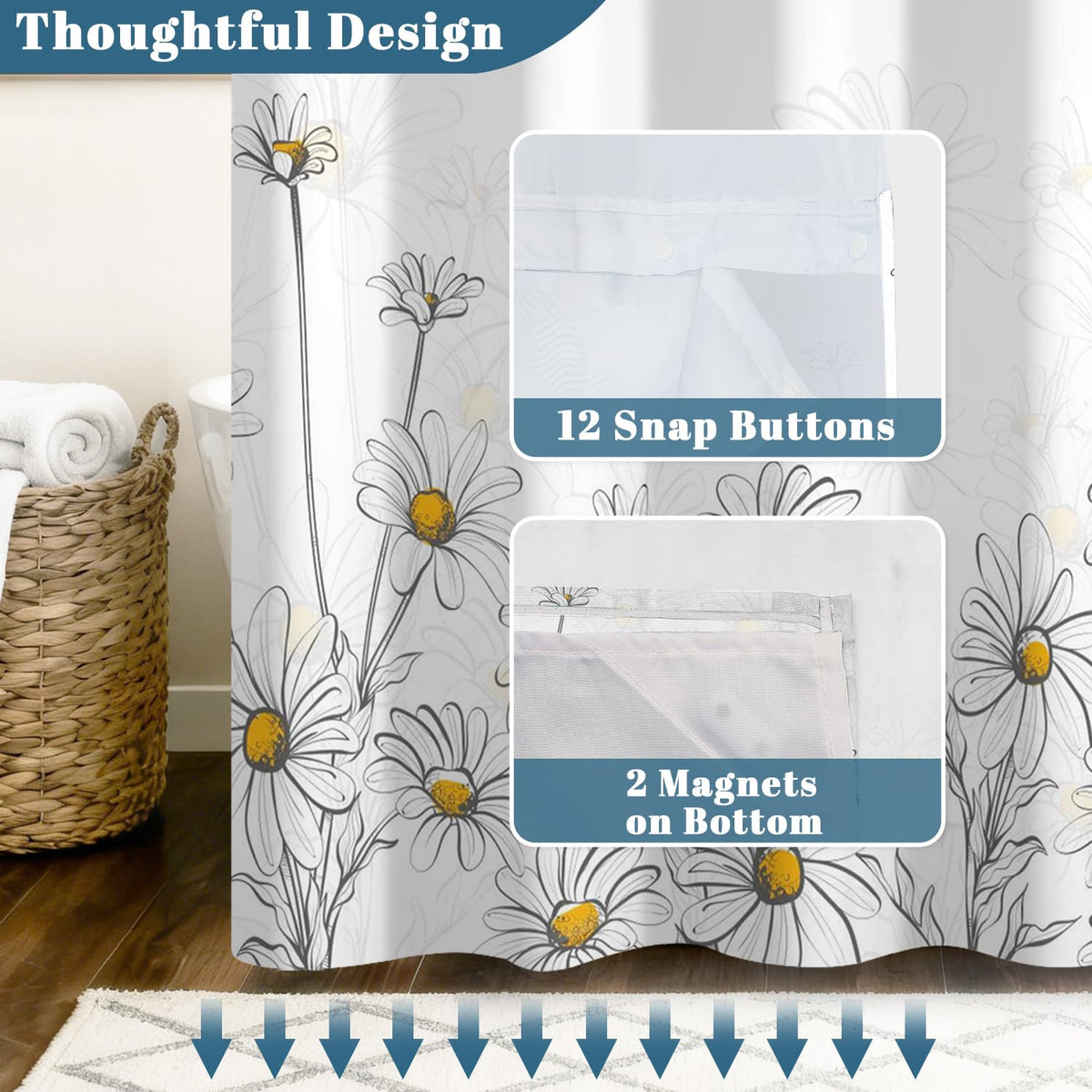 Daisy Floral Shower Curtain with Snap in Liner (Floral-2)