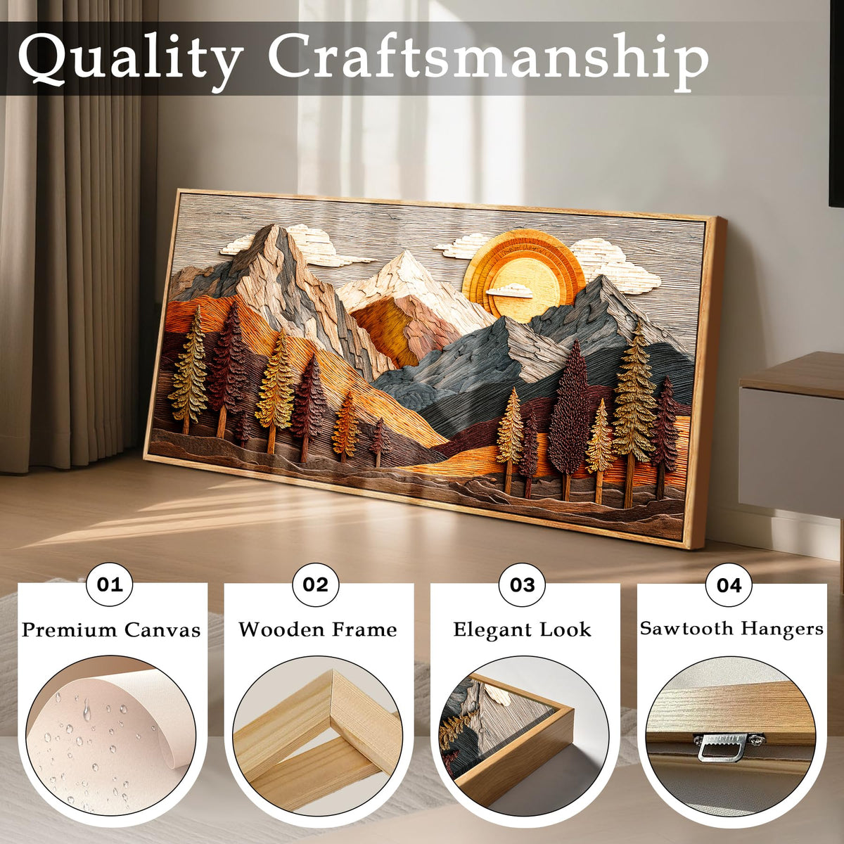 Abstract Mountain Large Framed Wall Art Modern Nature Decor Neutral (Wooden Mountain Print / 40"L x 20"W)