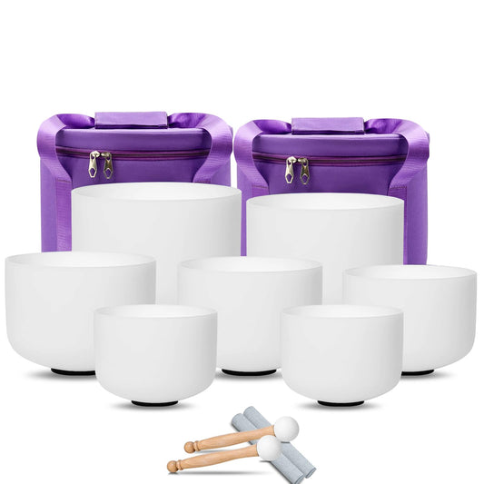 432Hz White Crystal Singing Bowls Set of 7PCS for Sound Meditation (7-12inch 432hz White 7pcs)
