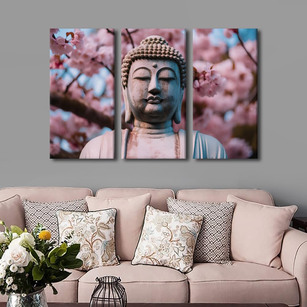 Buddha Canvas Wall Art Modern Living Room Decor Buddha Statue Cherry Blossom Poster Prints on Canvas 3 Panel Bedroom Wall Art for Office Wall Decoration Stretched and Framed Ready to Hang 42x28 in (42x28 in / 3PANEL-13)