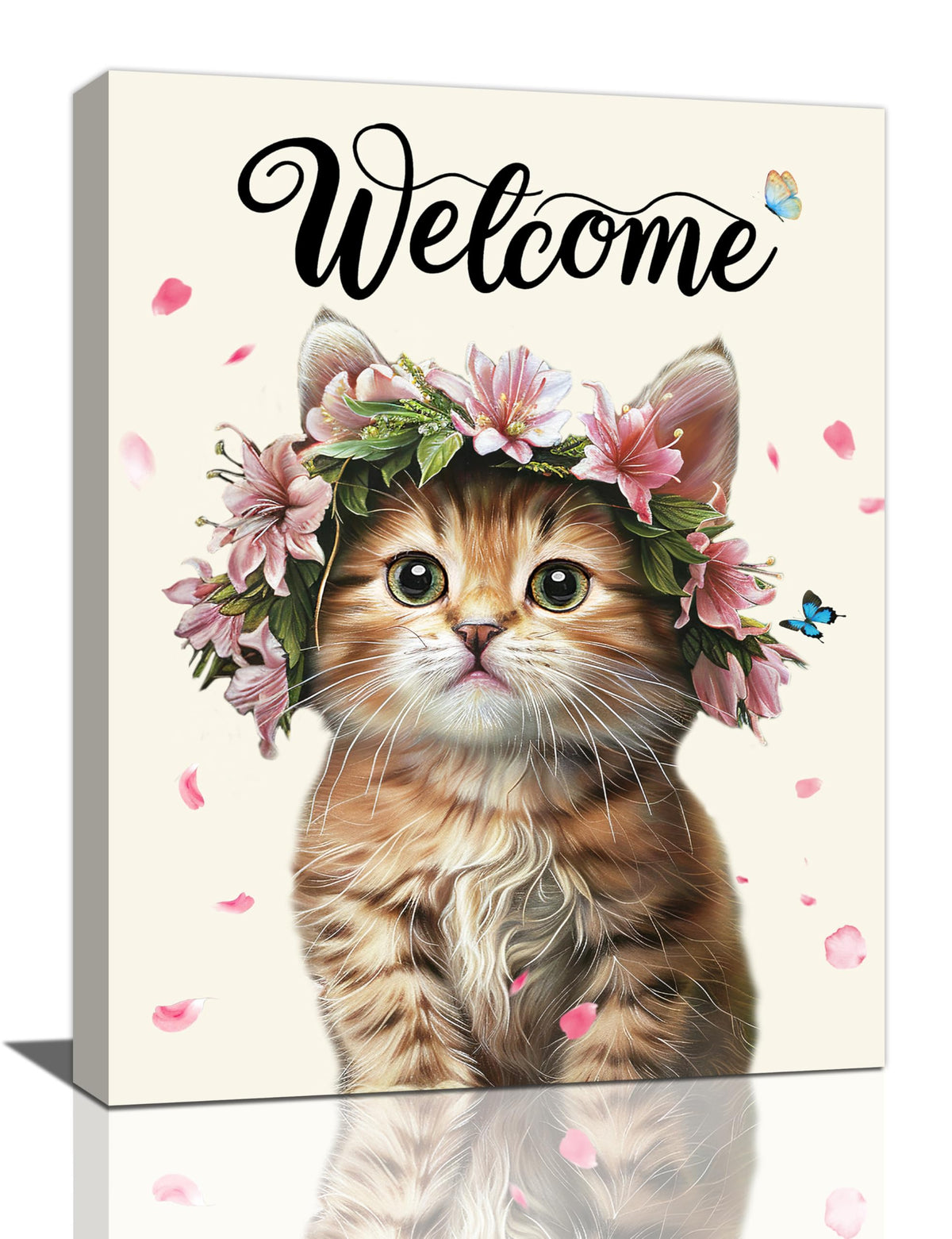 Cat Wall Art Welcome Cats Pictures Wall Decor Flower Cat Canvas Painting Home Modern Artwork Decorations Framed for Bathroom Living Room Bedroom Office 20 x 24 inch (24L" x 20W" / Cat)