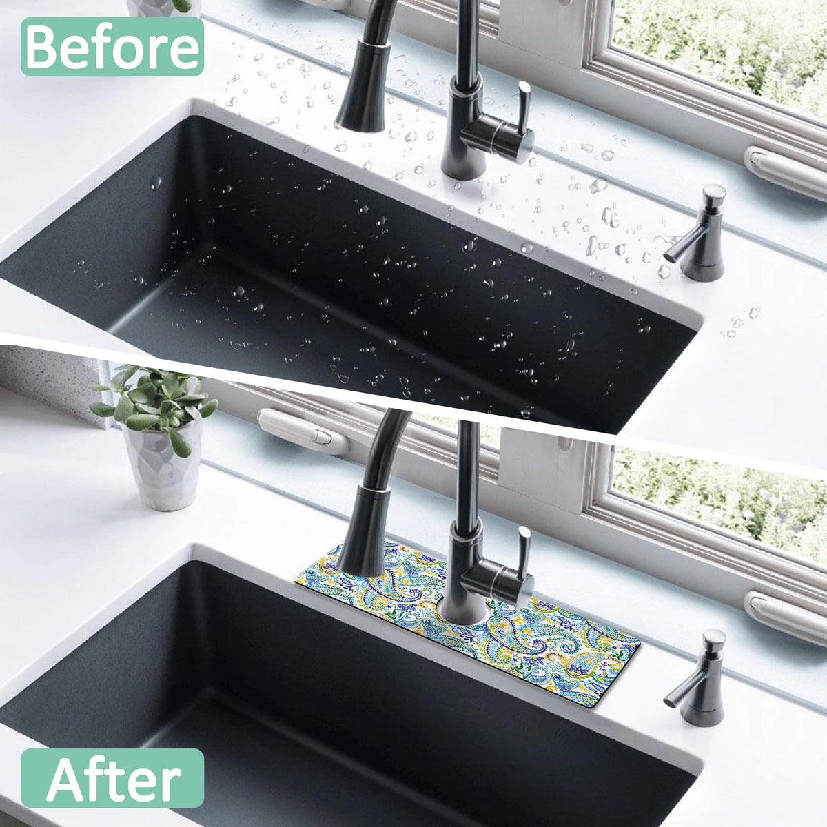 Kitchen Sink Splash Guard Faucet Mat 24" X 5.5" Paisley Absorbent Fast Drying Mat Faucet Draining Mat Sink Splash Guard Behind Faucet Drip Catcher for Kitchen Bathroom (24*5.5in / paisley02)