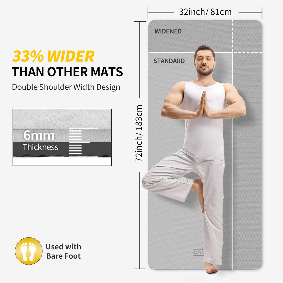 Extra Wide Yoga Mat for Women and Men (72" x 32" x 6mm / Gray)