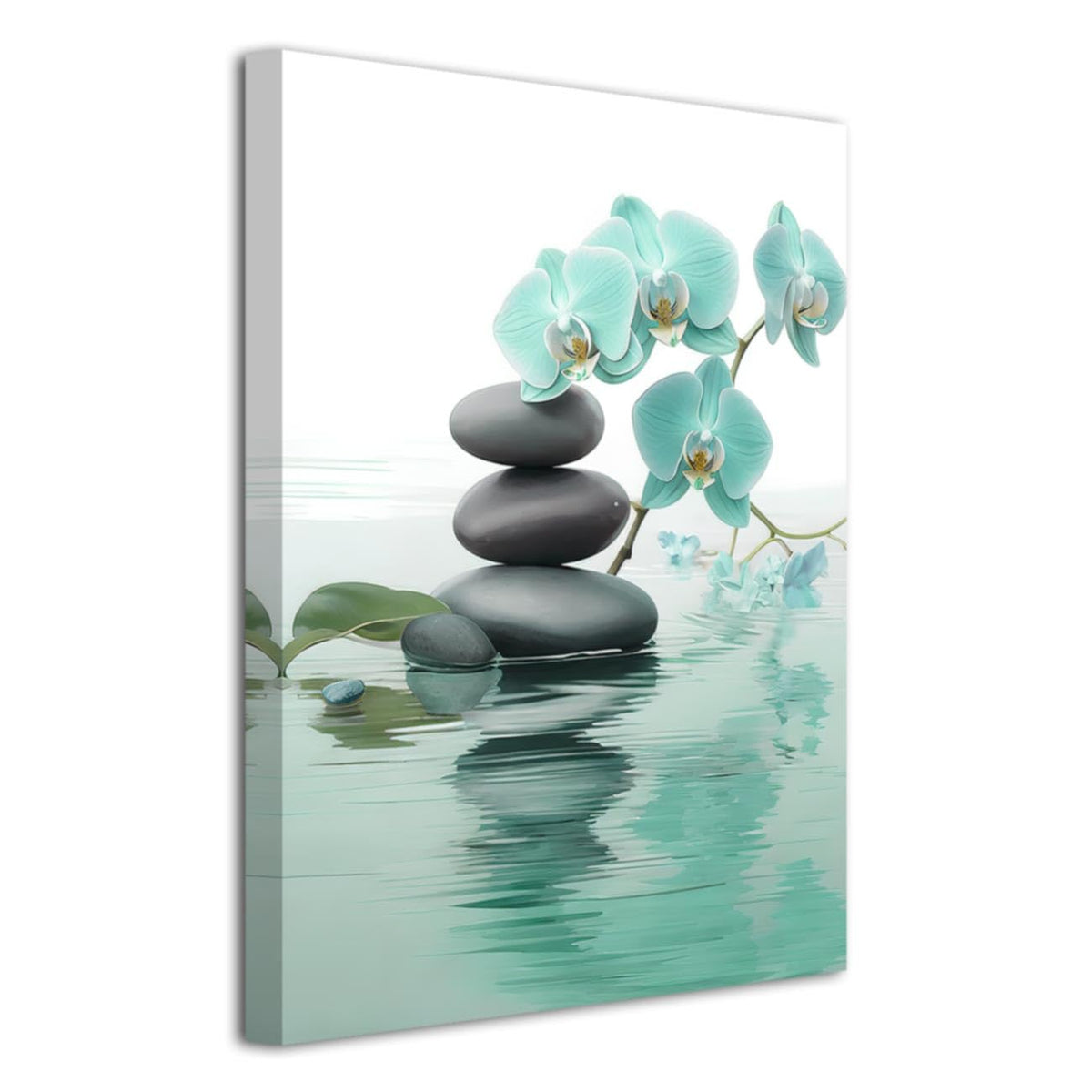 Zen Bathroom Wall Art Orchid Flower with Zen Stones Pictures Spa Painting Still Life Canvas Prints for Meditation Spiritual Room Decor Framed (Teal / 20L" x 16W")