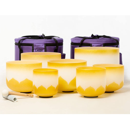 6 12 inch Gold Lotus Design Chakra Tuned 432hz Set of 7 Quartz Crystal Singing Bowls with Heavy Duty Carrying Cases and Singing Bowl Mallet Suede Strikers (Set of 7, 6-12 inches / Gold lotus design)