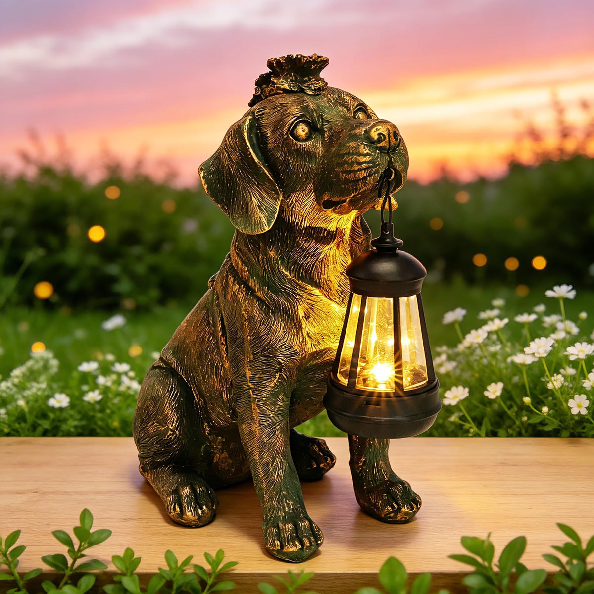 Garden Statue Dog Figurine Decor with Solar Lights 11in Outdoor Decoration (Bronze - Dog with Lantern)