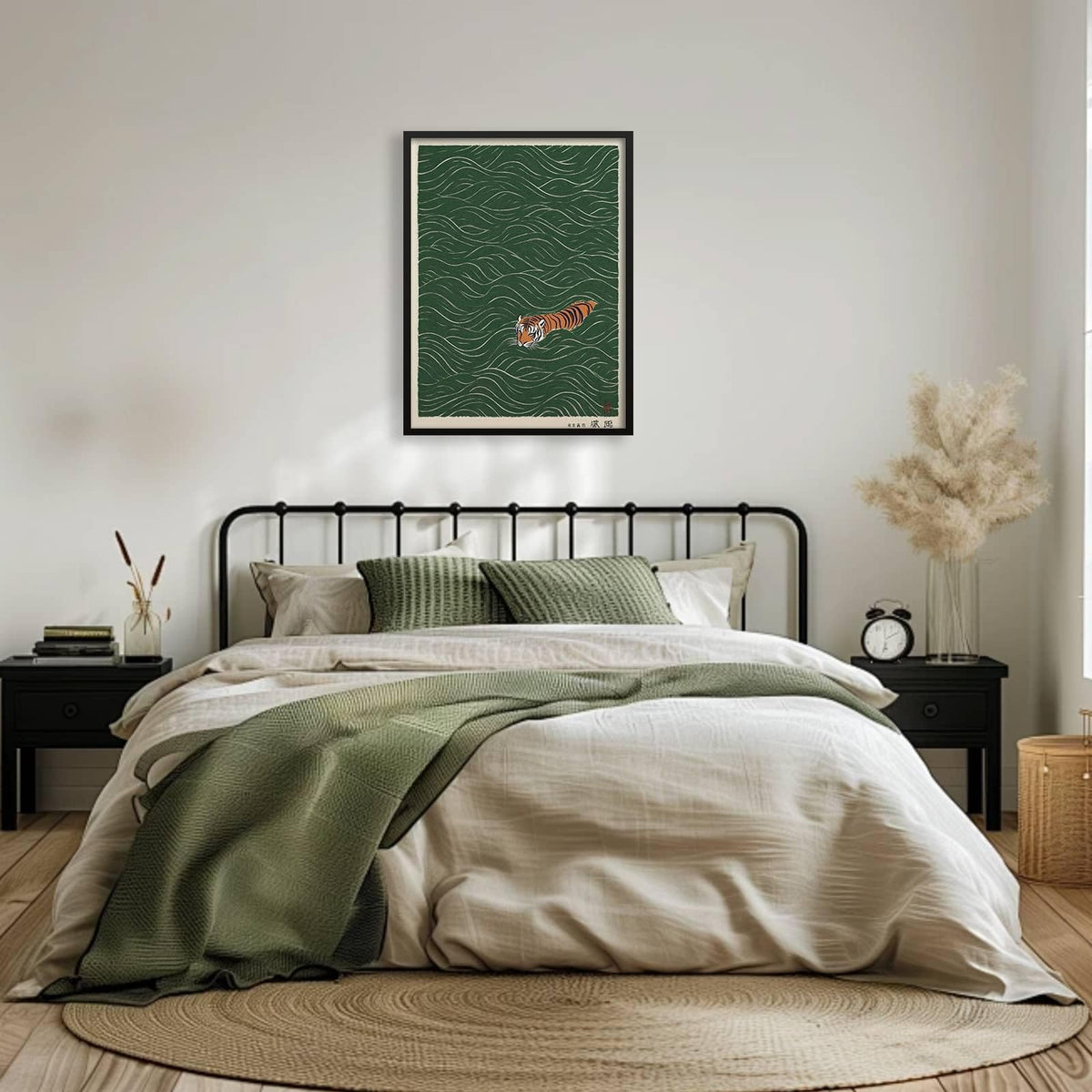 Black Framed Vintage Japanese Tiger Swimming Prints 11x14in Ukiyo (Black Framed / Japanese Prints / 14"L x 11"W)