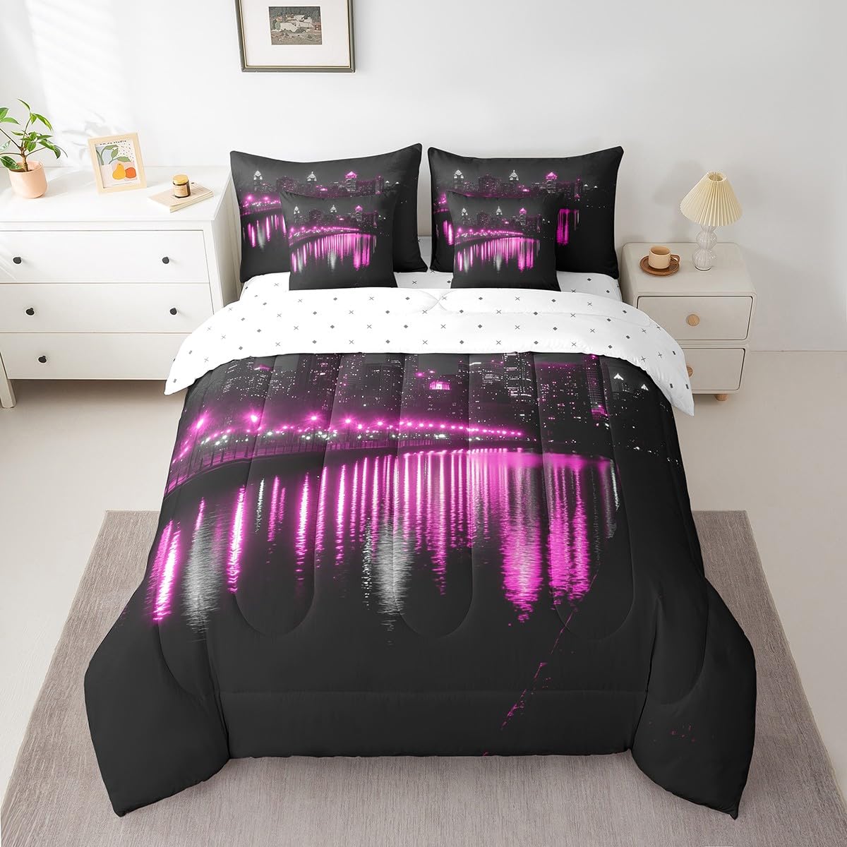Golden Gate Bridge Comforter Set with Sheets Full Size Kids Nightscape 7 Piece Bedding Set All Season Teens City Scenery Bed in A Bag Breathable Soft Lightweight Black Purple Room Decor (Carbon Black Purple / Full)