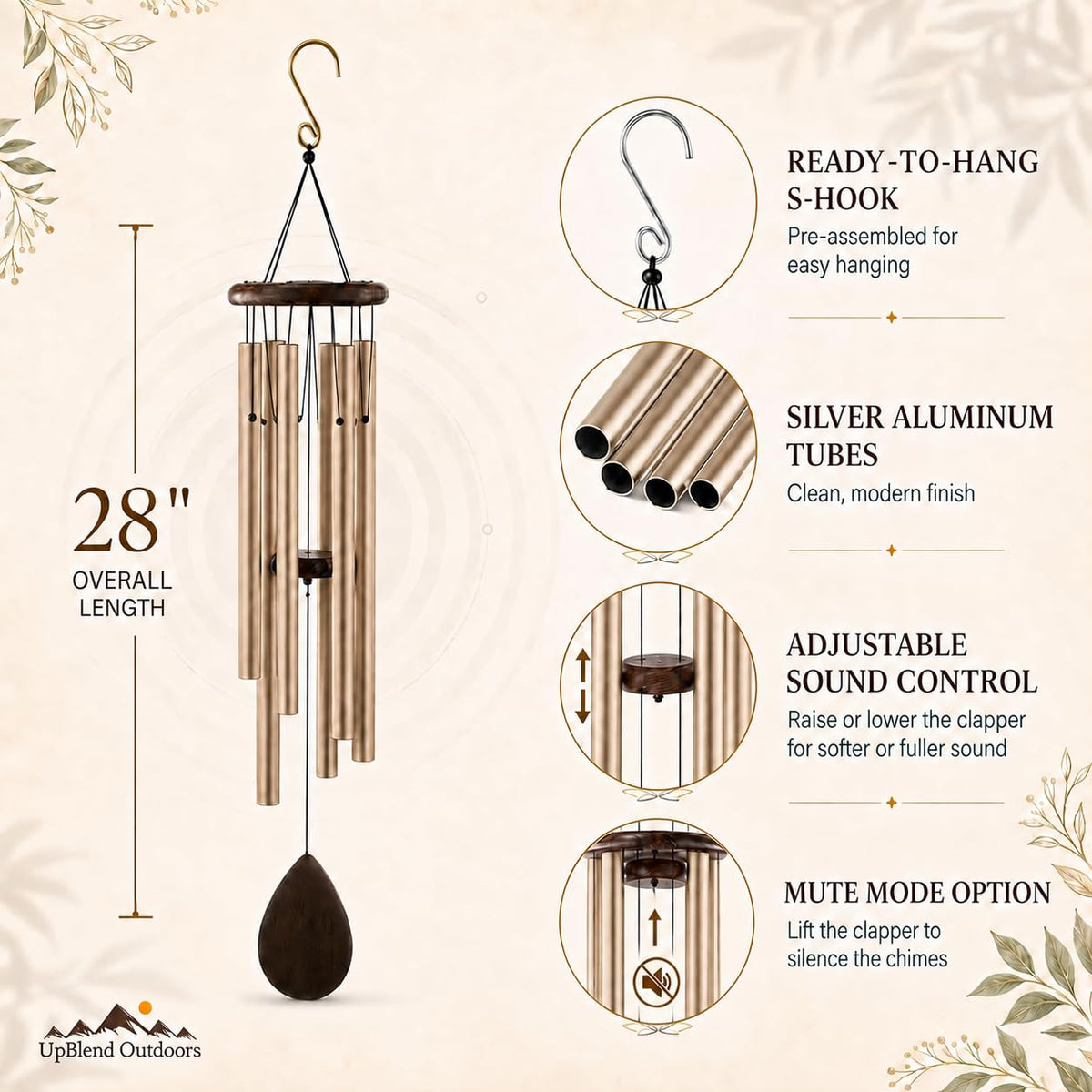 UpBlend 28" Gold Aluminum Wind Chimes for Outside (Gold / 28")