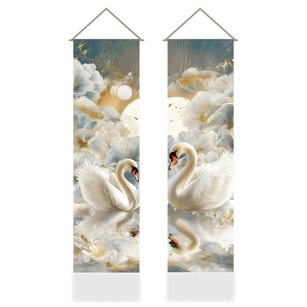 2Pcs Swan Wall Tapestry Lovers Swan Art Wall Hanging Decor Gilded Floral Vertical Long Tapestry Home Decor for Bedroom Living Room Home Office Decoration (white-swan)