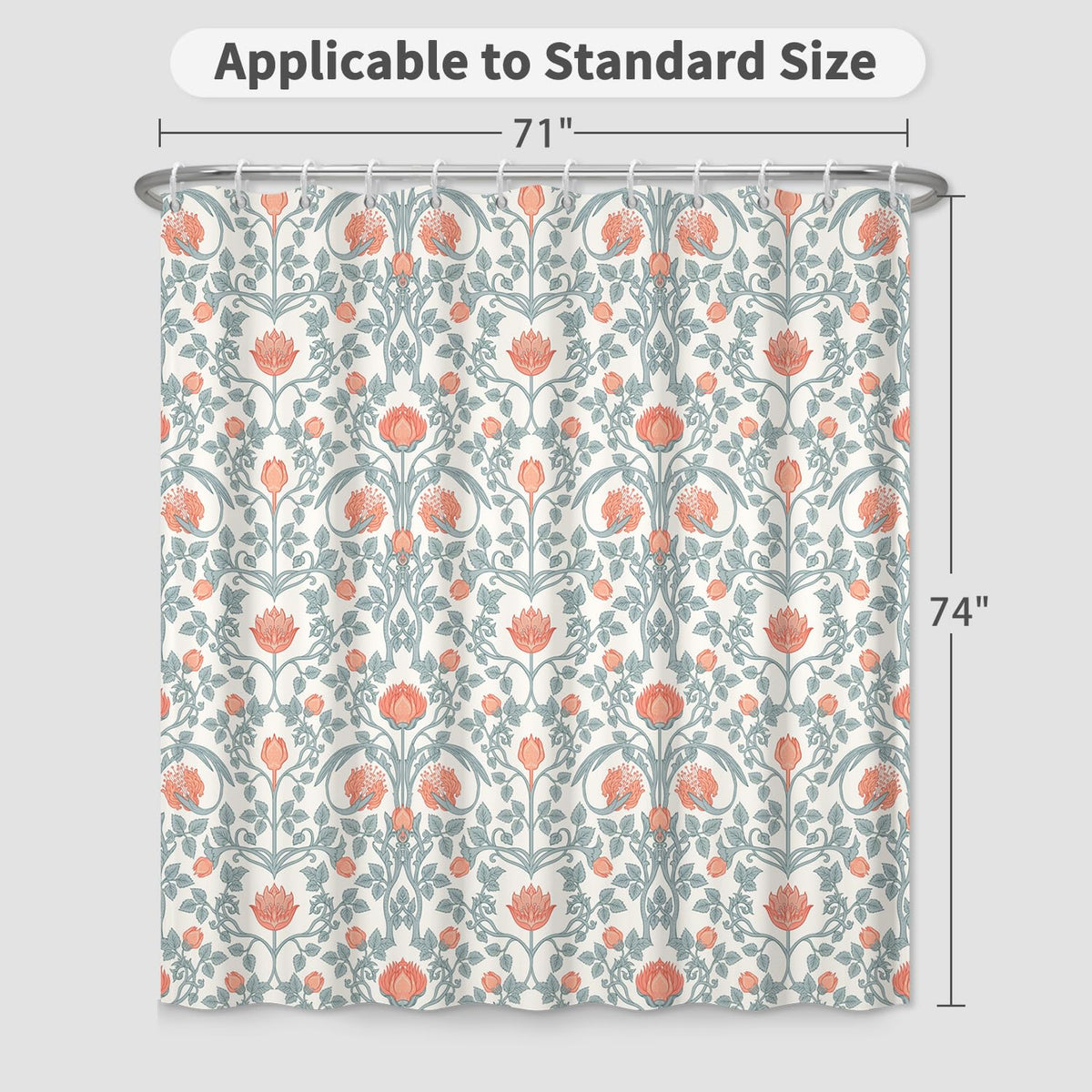 Art Nouveau Floral Print Waterproof Fabric Shower Curtain with Rings (Classic Flora)
