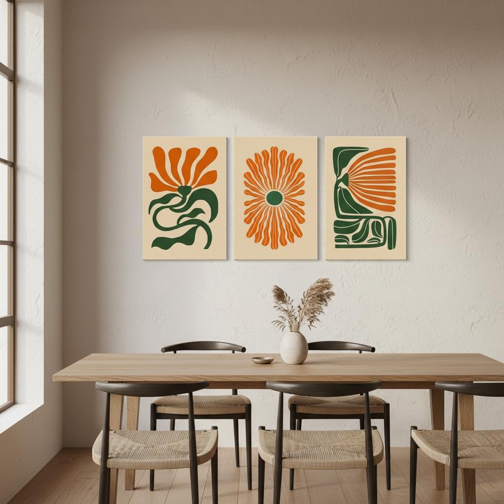 3 Pcs Mid Century Floral Canvas Wall Art (Beige flowers / 24"L x 16"W)