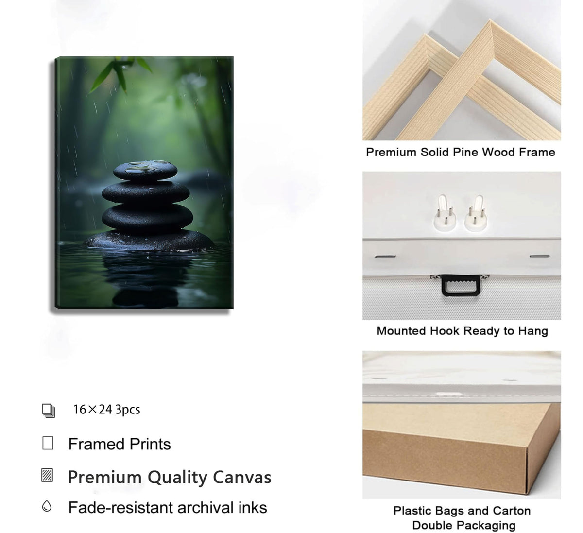 3pcs Zen Stone Wall Art Modern Zen Bathroom Wall Decor Meditation Spa Stone Poster Green Bamboo Lotus Printed Artwork for Yoga Meditation Spiritual Room Bathroom Framed (Zen Stone / 24"Lx16"W)