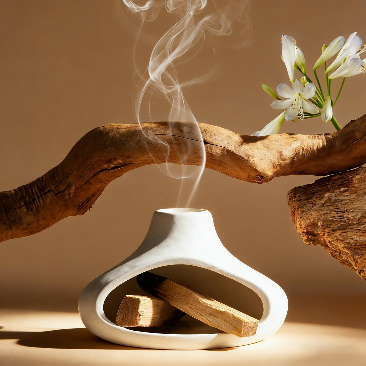 Ceramic Palo Santo Holder with Mini Chimney (White)
