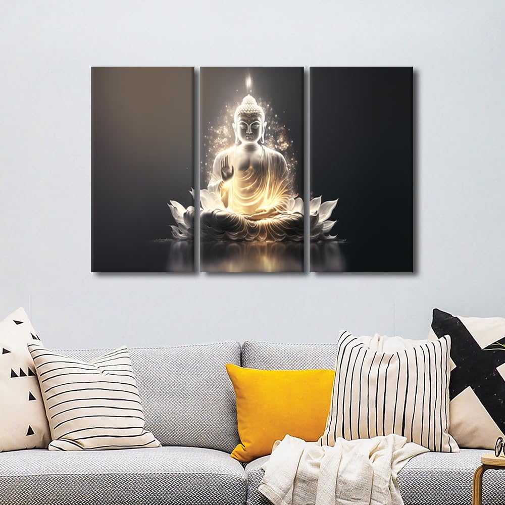 Buddha Canvas Wall Art Modern Black and White Canvas Decor Buddha Meditates Poster Prints on Canvas 3 Panel Home Wall Decor for Living Room Bedroom Wall Decoration Stretched Ready to Hang 42x28 in (42x28 in / 3PANEL-03)