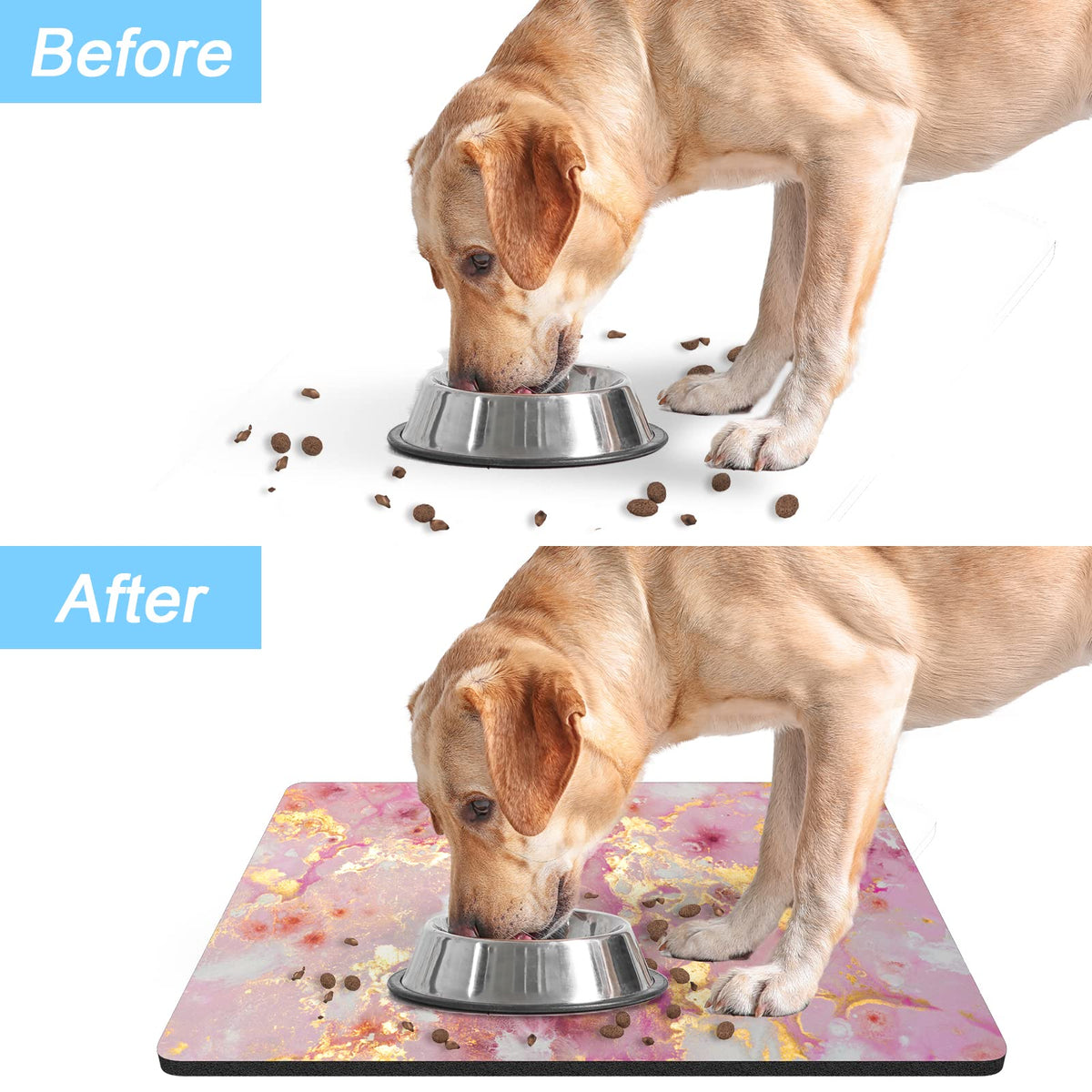 Dog Food Mat 12" x 19" Absorbent Dog Cat Bowl Mat for Food and Water (Pink Gold Abstract / 12"L x 19"W)
