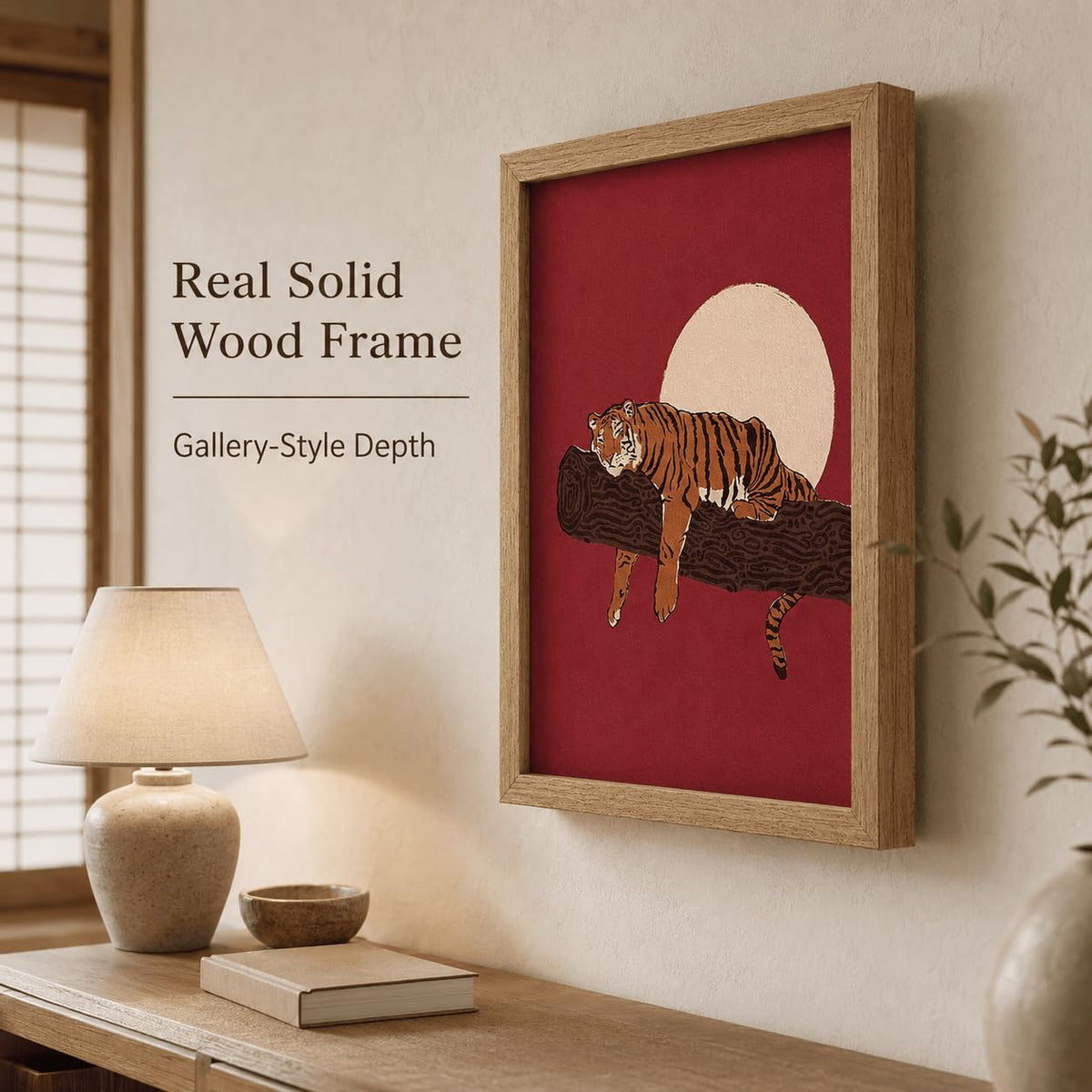 Japanese Sleeping Tiger Framed Wall Art Bold Red Amber Wildlife art (Japanese Tiger / 16"L x 12"W)