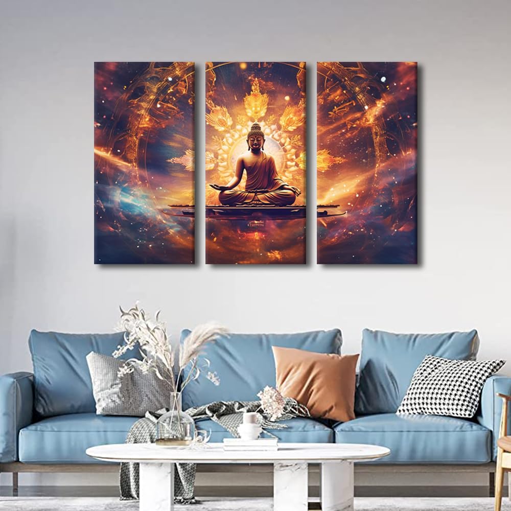 Canvas Wall Art Decor Buddha Sculpture Poster Art 3 Panel Religious Wall Art Buddha Deity Universe Galaxy Nucleus Paints for Bedroom Office Wall Decor Stretched and Framed Ready to Hang 36x24 in (36x24 in / 3PANEL-16)