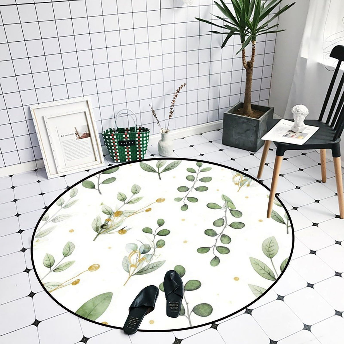 Round Area Rugs 4 FT Washable Non Slip Circle Rug (Watercolor Green Leaves With Gold Accents Pattern / 4' (Round))