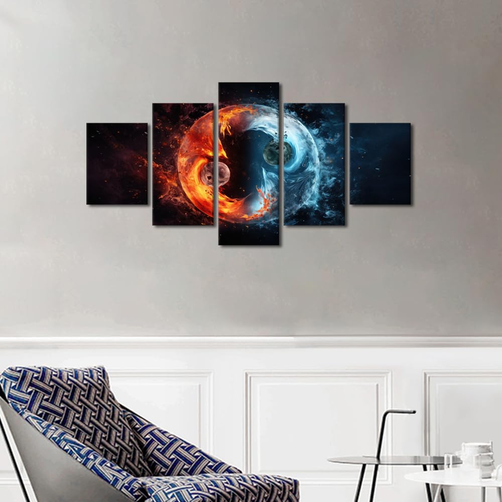 Wall Art Large Yin Yang Planetary Duality Framed Canvas Print Fire Water Orbital Design Multi Panel Artwork Contemporary Home Office Decor Galaxy Theme 60" Wx32 H (60''Wx32''H / Artwork-06)
