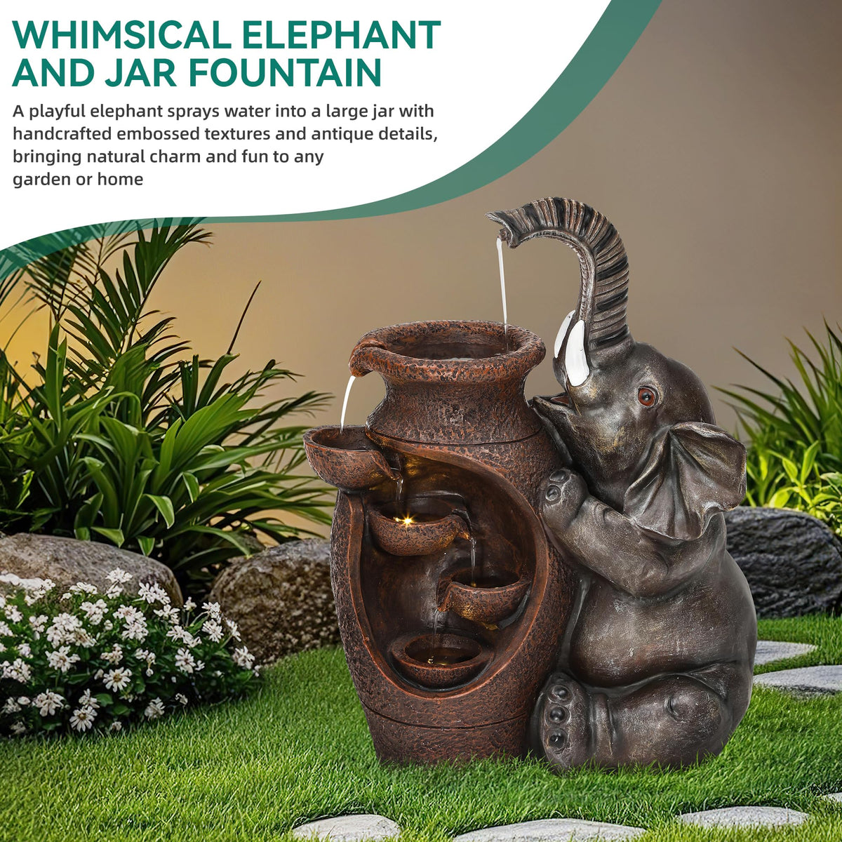 AUTODAYA 19" H Elephant Statue Outdoor Water Fountain with Warm LED Lights (19"h Terracotta)