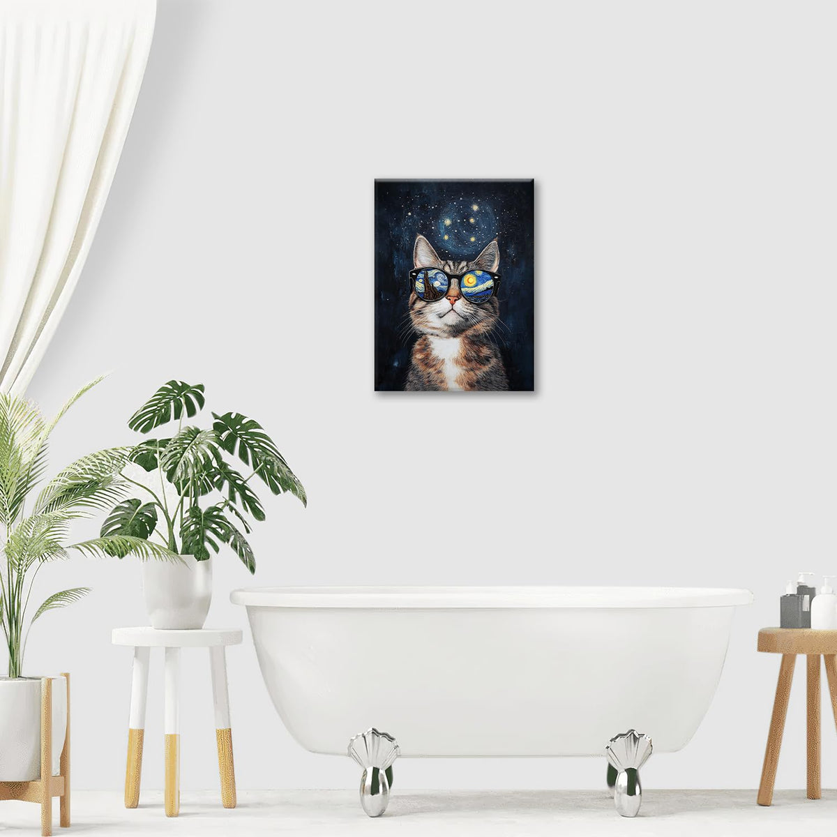 Funny Cat Wall Art Cute Cat Bathroom Canvas Wall Decor Starry Night Glasses Pictures Paintings Prints Artwork Framed Decorations For Bedroom Living Room Gifts 12" x 16" (Vangogh Cat / 16"L x 12"W)