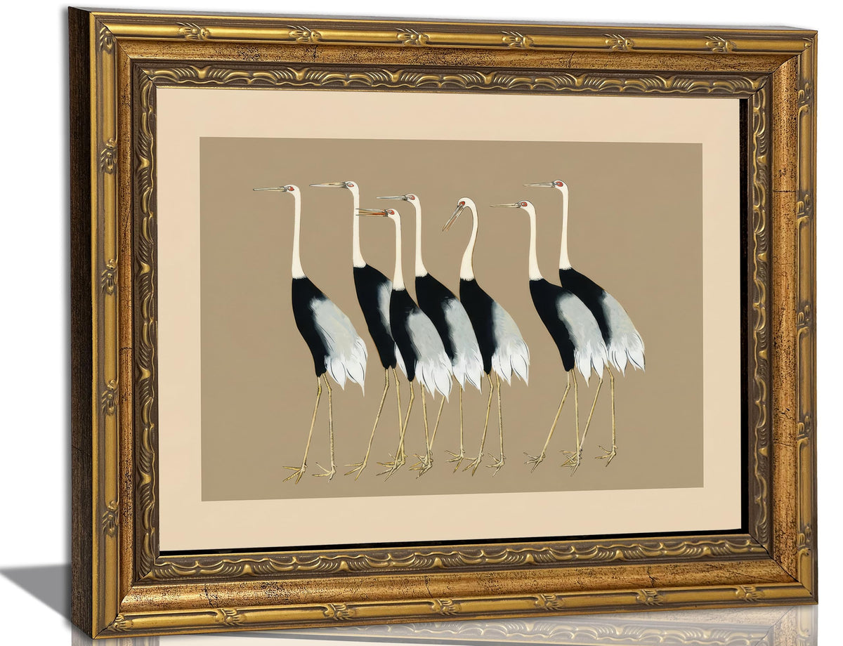 Vintage Gold Framed Wall Art Japanese Crane Posters Prints Seven Cranes Canvas Wall Decor Retro Bird Painting Pictures for Living Room Bedroom Office Zen 9x11 Inches (Japanese Crane Framed / 9"L x 11"W)