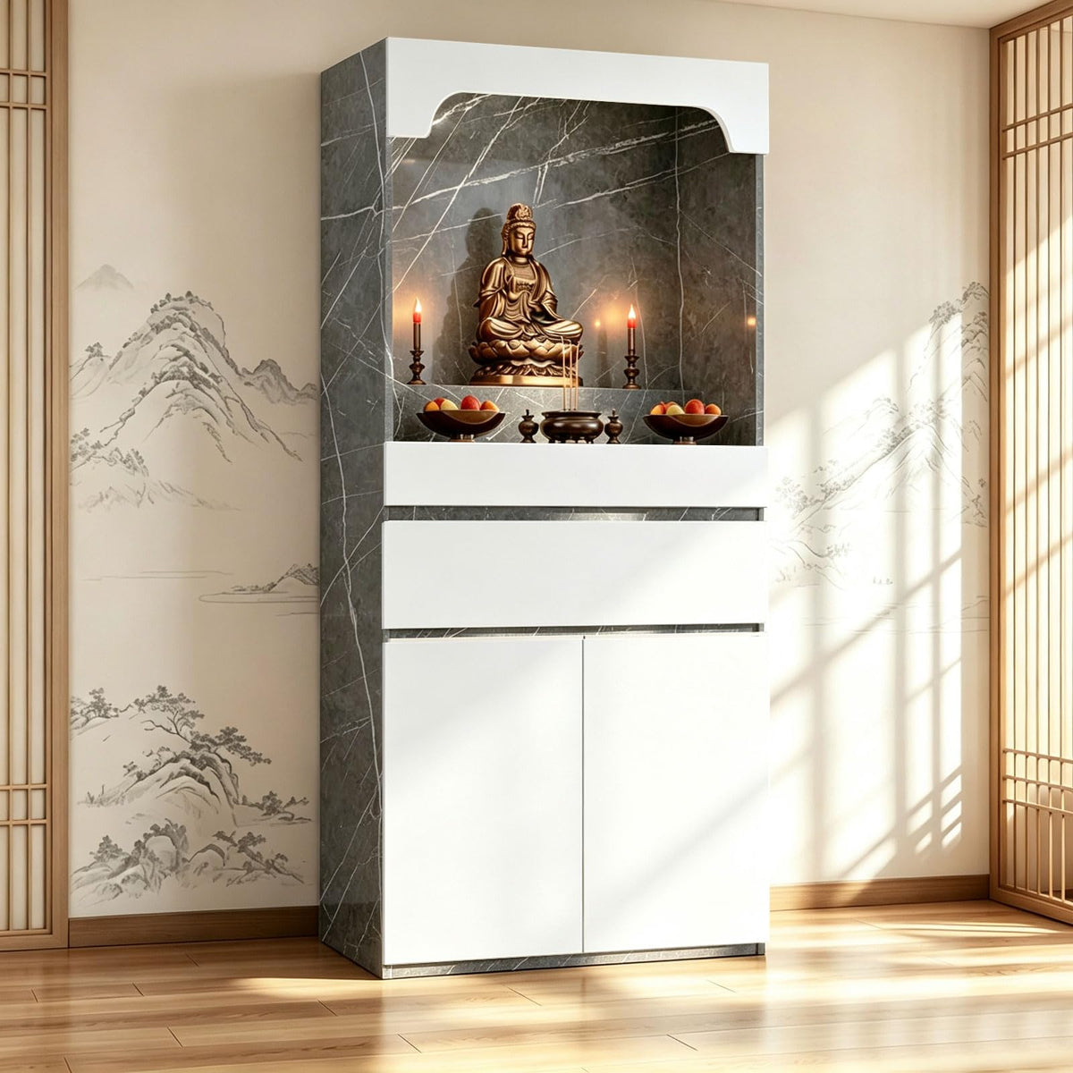 Altar Table Pooja Cabinet with Drawers and Storage Cabinets (27.6×15.7×65.4in / White+dark Gray Grain)