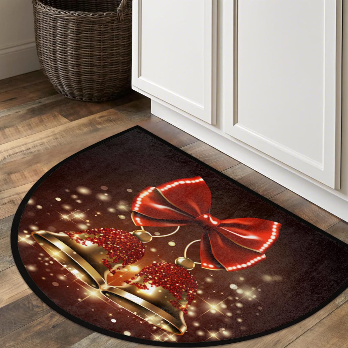 Christmas Red Bells Xmas Half Round Door Mat Outdoor Entrance Large 24"x36" Half Circle Welcome Entrance Way Mat Semi Circular Front Door Mat Area Rug for Garage (G 02)