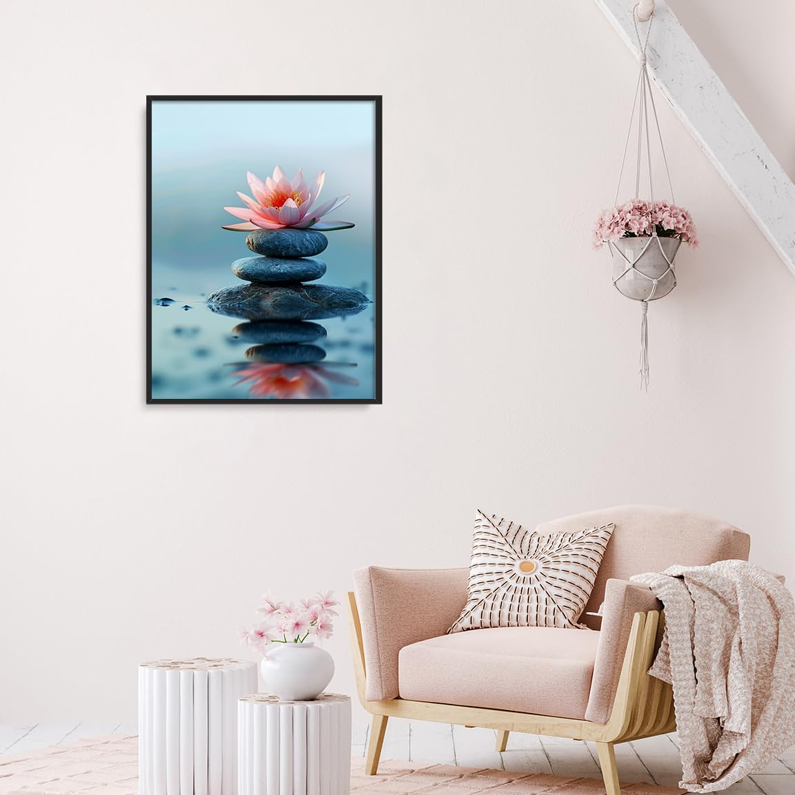 Zen Lotus Flower and Stones Wall Art (Black Aluminum Frame-8 / 24"L x 36"W)