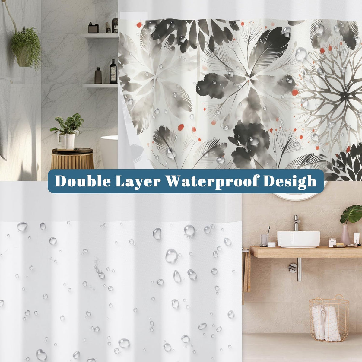 Black Floral Shower Curtain with Snap in Liner (Ink Wash Flower)
