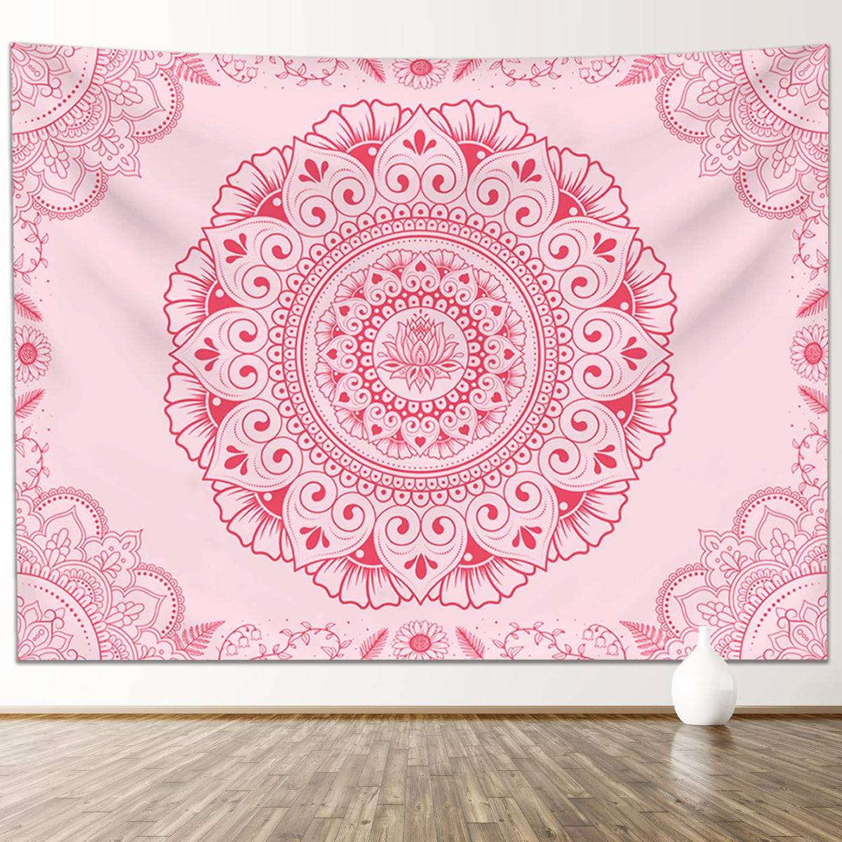 Pink Boho Mandala Tapestry Wall Hanging for Bedroom 79"x 59" (Cherry Blossom Pink / 79"L x 59"W)