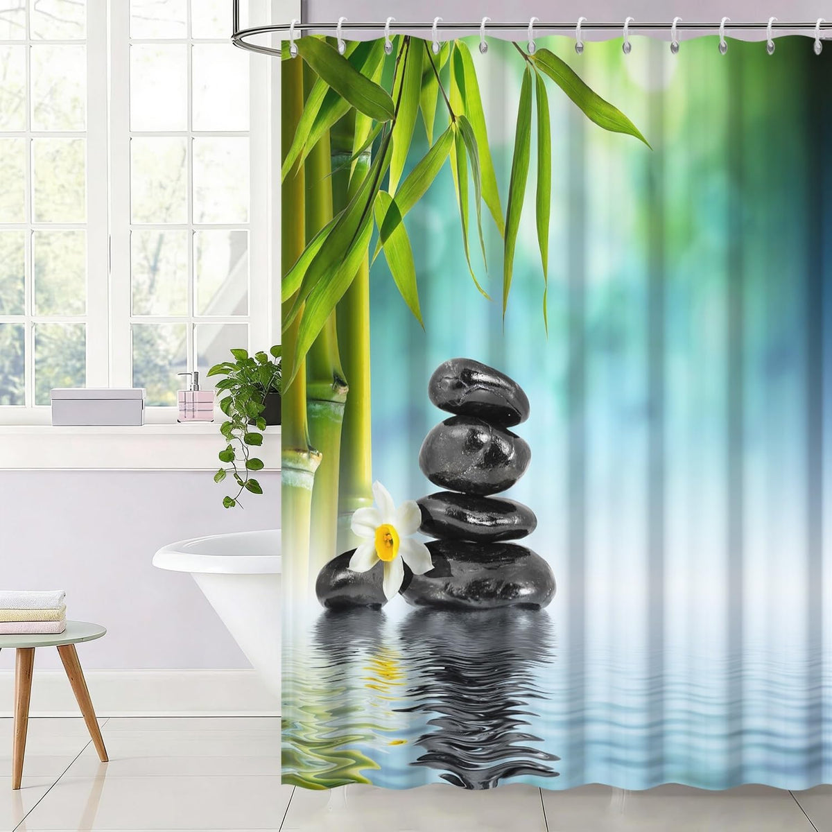 Zen Spa Shower Curtain Zen Stone Shower Curtain Lotus Bamboo Water Reflection Relaxing Meditation Waterproof Cloth Fabric Bathroom Curtains Set with Hooks Bath Bathtub Home Decor 65x72 inch (65"W x 72"L (Pack of 1) / Green 06)