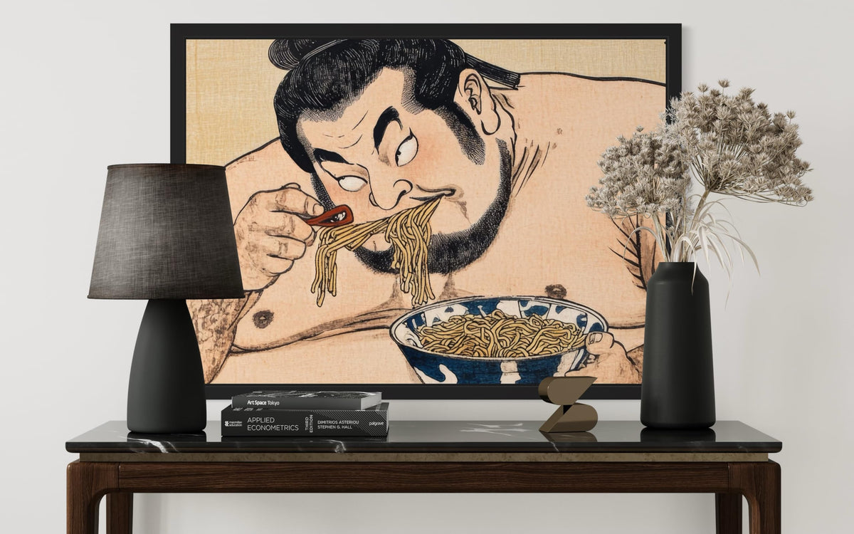 Sumo Wrestler Eating Black Framed Wall Art Print Poster (Sumo Wrestler Eating / 20"L x 16"W)