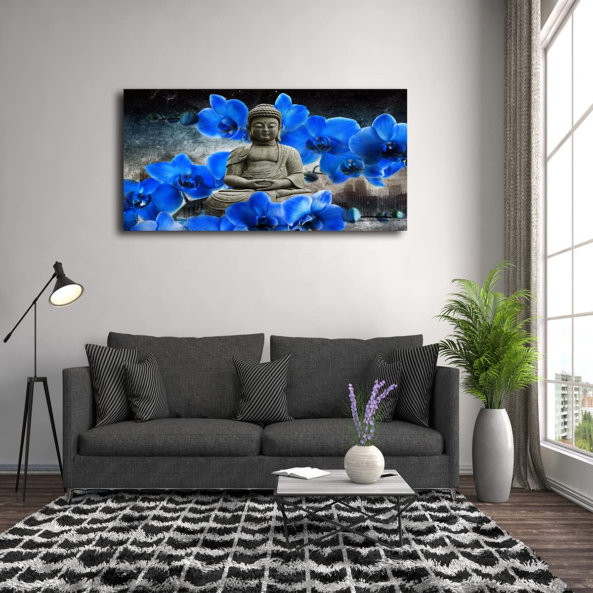 Buddha Pictures Wall Art Canvas Prints Home Decor Grey Zen Blue Flower Painting for Living Room Bedroom Bathroom Office Home Kitchen Decoration Asia Hindu Artwork 24x48 Wooden Frames Easy Hanging (48"L x 24"W / Grey Zen with Blue Flower)