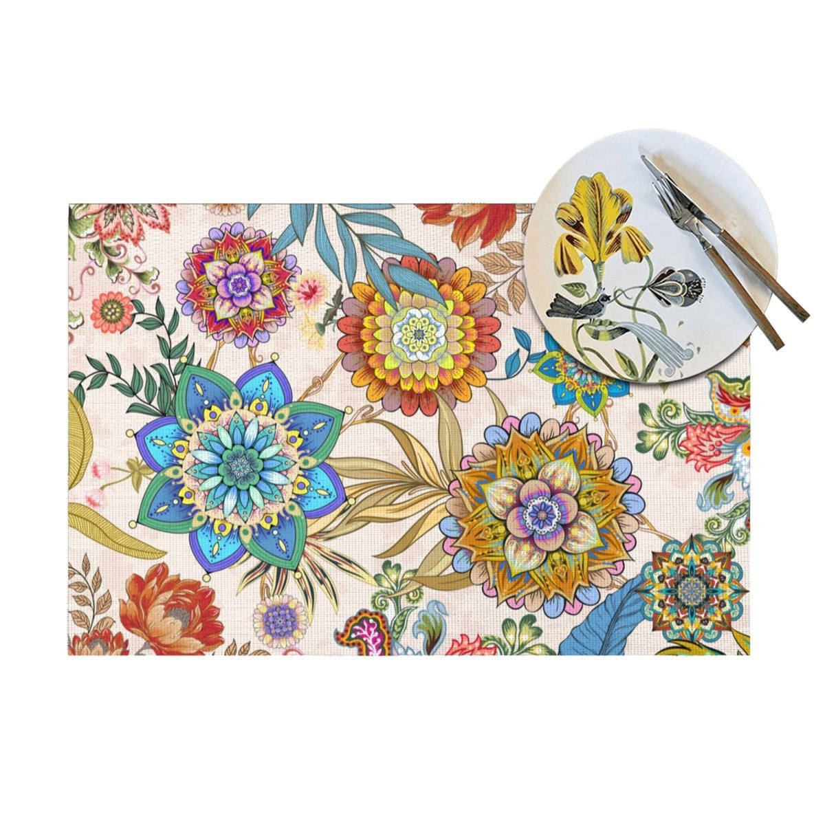 Boho Floral Placemats Set of 4 Linen 12"x18" Colorful Flowers Table Mats for Kitchen Dining Table Holiday Party Heat Resistant Washable Spring Summer Farmhouse Bohemian Mandala Place Mats (Boho Floral / 4pcs - 12x18inch)