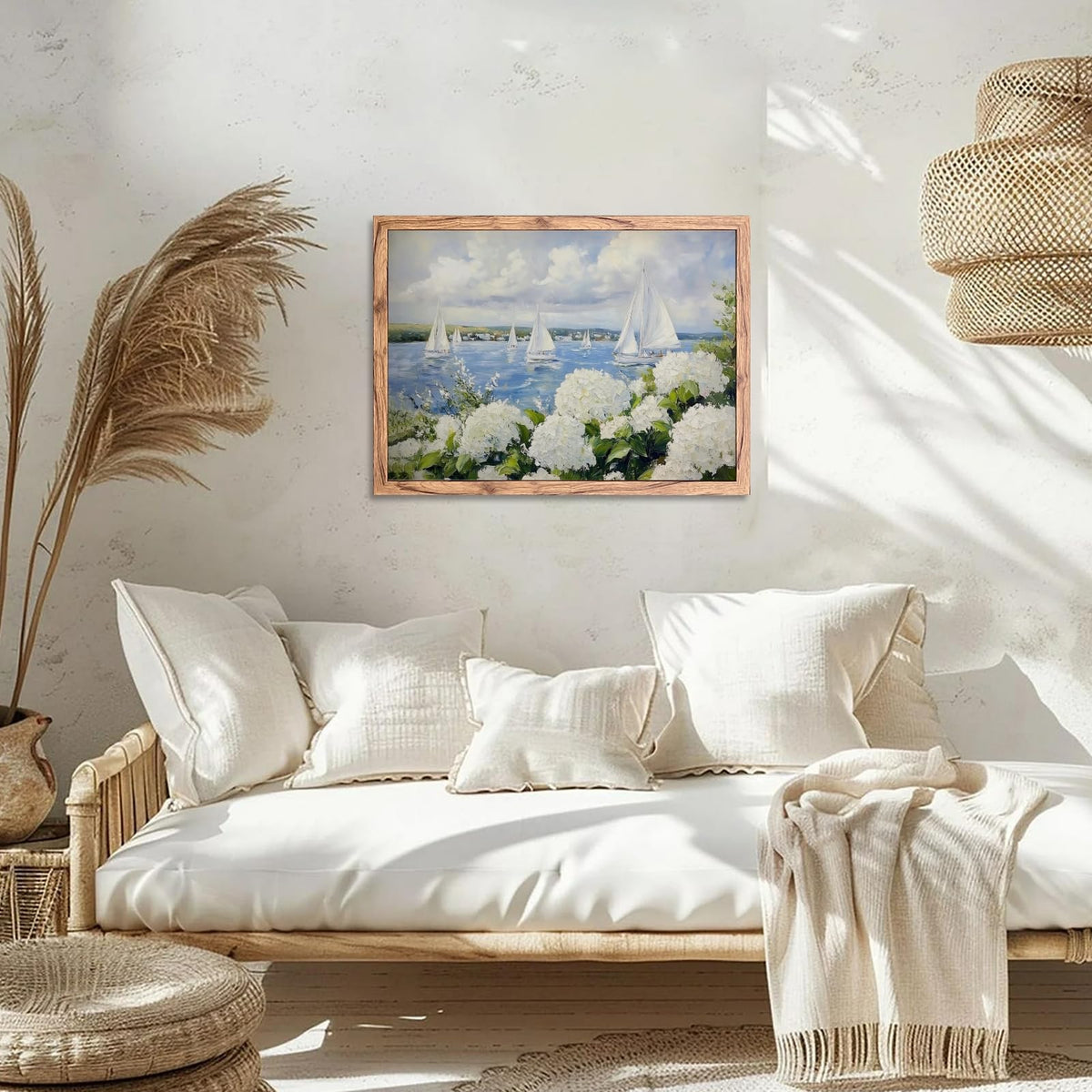 Wood Frame Coastal Wall Art Grandmillennial Preppy Sailboat Posters Nautical Floral Canvas Print Blue White Hydrangea Ocean Painting Cottagecore Wall Decor for Living Room Bedroom 8x12inch (8"L x 12"W / style-5 Wood Framed)
