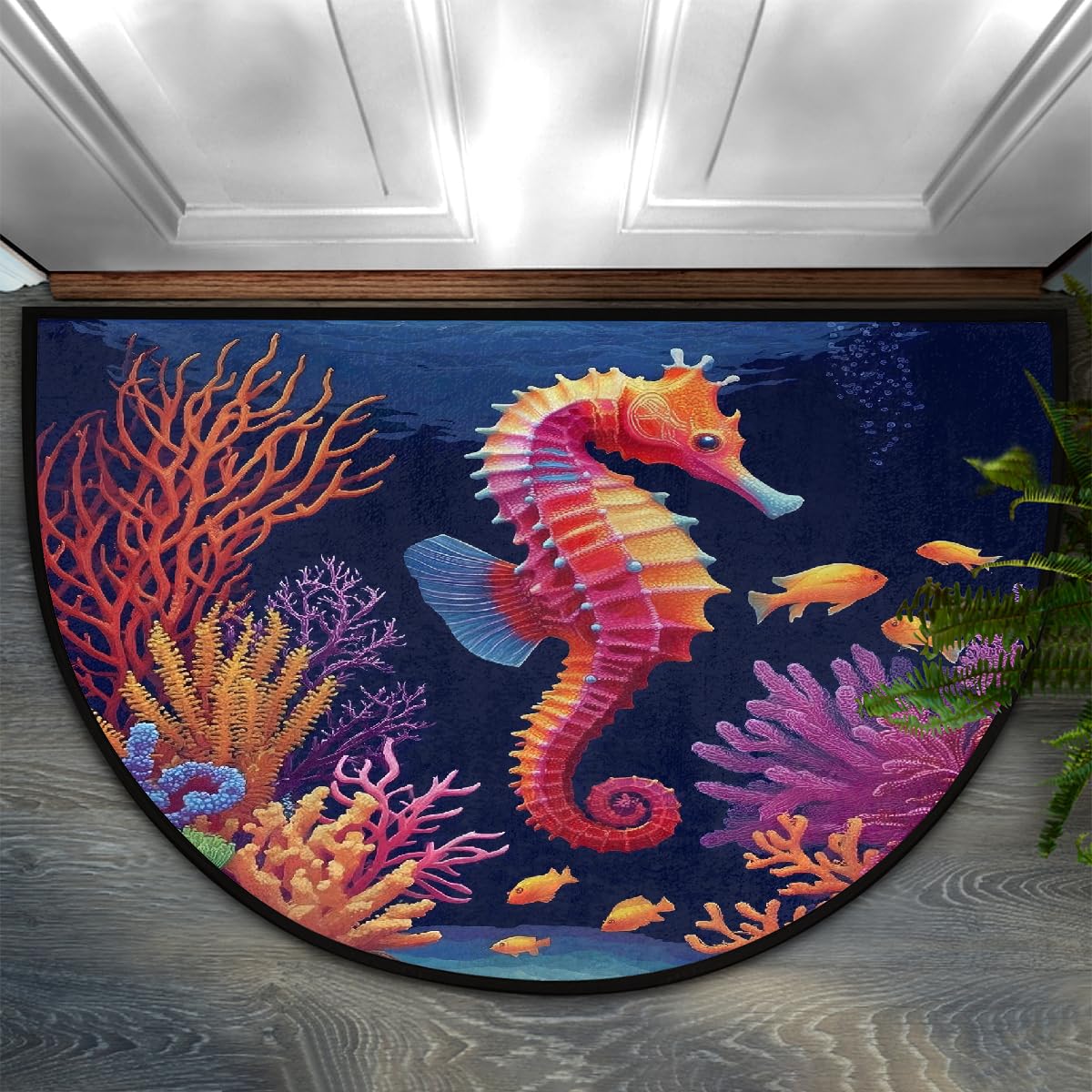 Seahorse Colorful Half Round Door Mat Non Slip Washable Semi Circle Area Rug Absorbent Soft Half Moon Rug Floor Mat for Indoor Outdoor Kitchen Bathroom Patio Front Door Mat Decor (Z10)