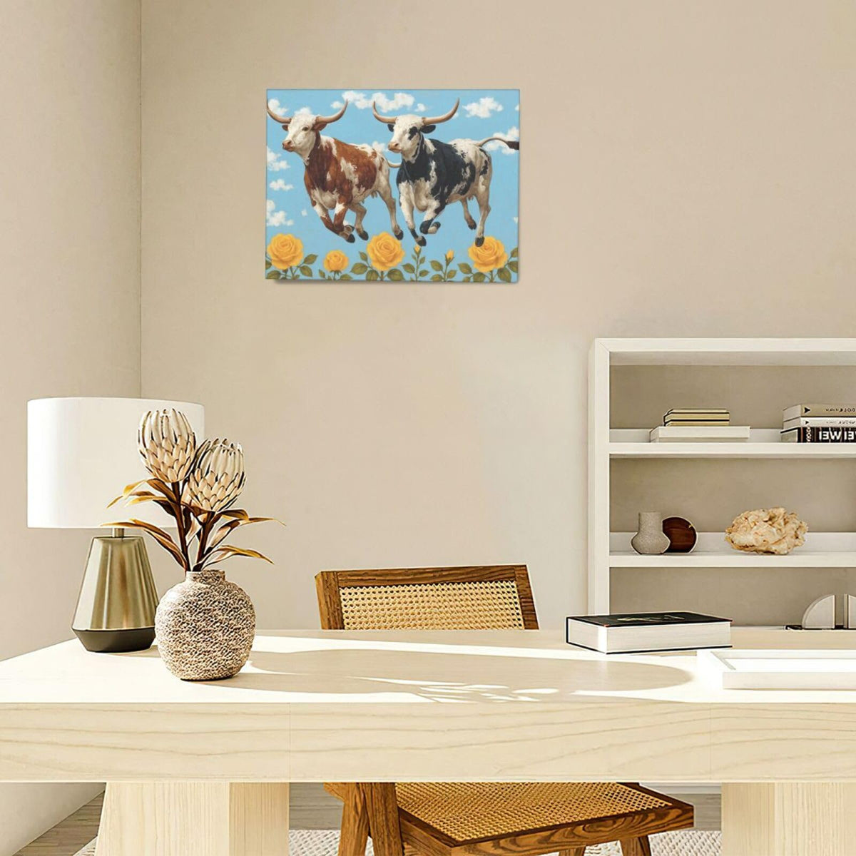 Longhorn Cow Wall Decor Funny Cow Canvas Wall Art Cute Cattle Pictures Painting Artwork Framed Decoration for Bedroom Bathroom Living Room Kitchen Dining Room Office 12"x16" (Longhorn / 16L"×12W")