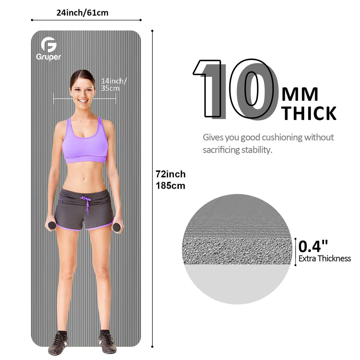 Thick Yoga Mat Non Slip (Grey / 72 x 24 x 0.4 inches)