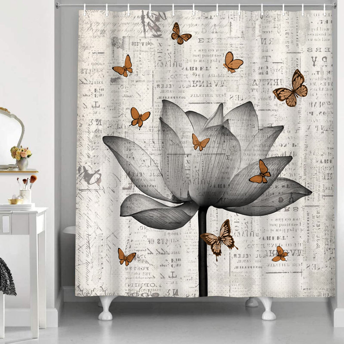 Lotus Shower Curtain Set Cloth Grey Flower and Butterfly Bath Curtain Zen Floral Bathroom Decor with Hooks 72"×72" Retro Newspaper Background (72"W x 72"L (Pack of 1))