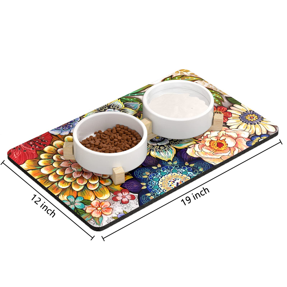 Dog Food Mat 12" x 19" Flower Absorbent Dog Cat Bowl Mat for Food and Water (Colorful Mandala / 19"L x 12"W)